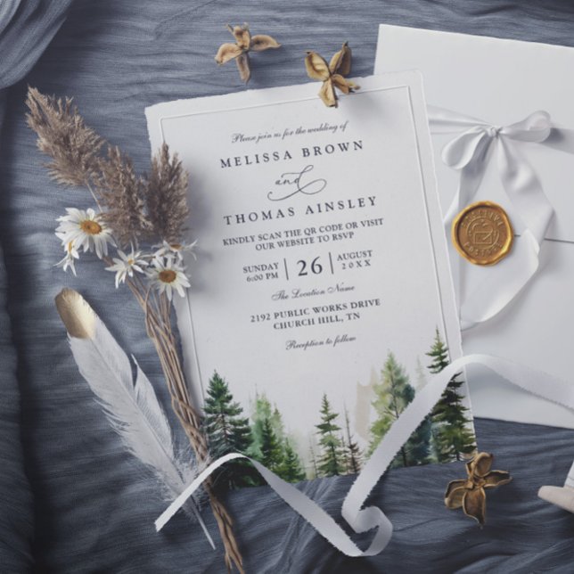 Elegant forest minimalist pine qr code wedding einladung (Von Creator hochgeladen)