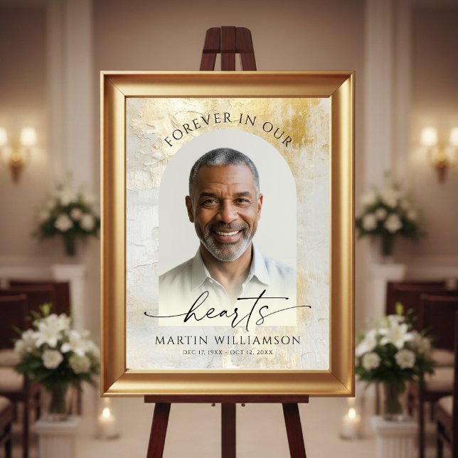 Elegant Forever Hearts Photo Script Gold Funeral Poster (Von Creator hochgeladen)