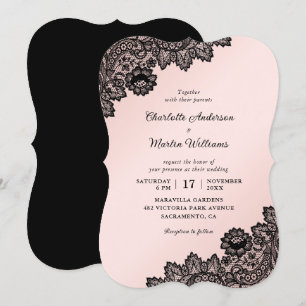 Elegant Formal Black and Pink Floral Lace Wedding Einladung