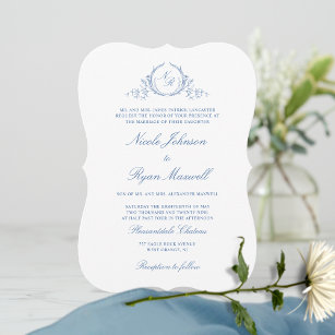 Elegant Formal Blue Monogram Wedding Einladung