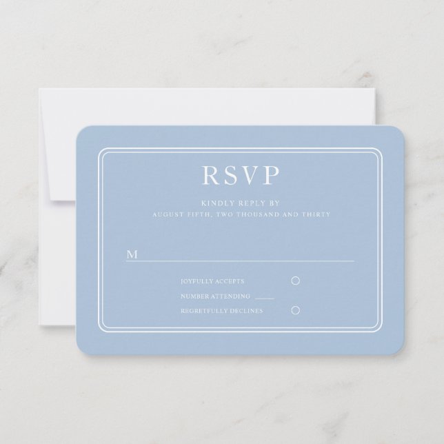 Elegant Formal Blue Wedding RSVP Karte (Vorderseite)