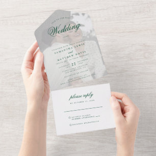Elegant Formal Emerald Green Script Foto Wedding All In One Einladung