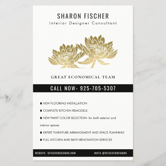 Elegant Formal Faux Gold Lotus Floral Business Flyer (Vorne)