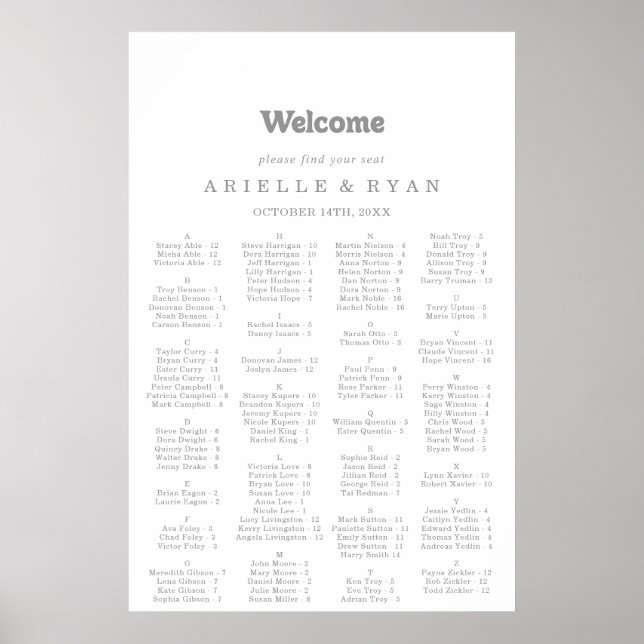 Elegant Formal Minimal Alphabetical Seating Chart Poster (Vorne)