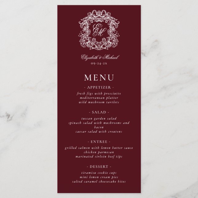 Elegant Formal Monogram Crest Burgundy Wedding Menükarte (Vorderseite)