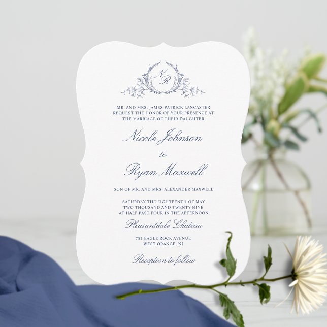 Elegant Formal Navy Monogram Wedding Einladung (Von Creator hochgeladen)