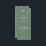 Elegant Formal Sage Olive Green Script Wedding Menükarte<br><div class="desc">Eine schöne elegante Schrift Typografie Hochzeitsdesign mit einem schlauen olivgrüne Hintergrund Farbe. Ein einzigartiges Design, das einen persönlichen klassischen Kalligraphie Hochzeitsladen Schriftart und einen handgezeichneten grünen Blattzweig verwendet. Ein formelles Skript Kalligrafie-Design mit Tönen von Salbei Oliven grün. Ein elegantes Hochzeitsmenü mit klassischen traditionellen Elementen. Auch die passenden Hochzeitseinladungen und andere...</div>