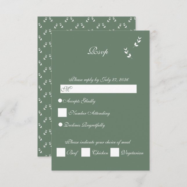 Elegant Formal Sage Olive Green Script Wedding RSVP Karte (Vorne/Hinten)