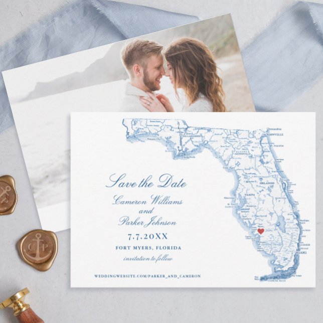 Elegant Fort Myers Florida Wedding Navy Map Save The Date (Elegant Fort Myers Florida save the dates with navy blue map of Florida)