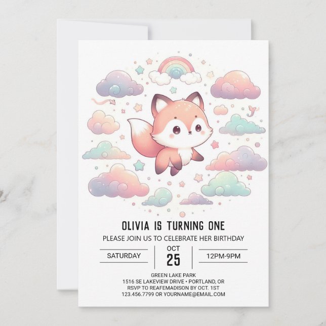 Elegant Fox 1. Geburtstag Einladung (Vorderseite)