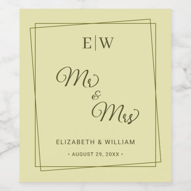 Elegant Frame on Celestial Yellow Monogram Wedding Weinetikett (Einzelnes Label)
