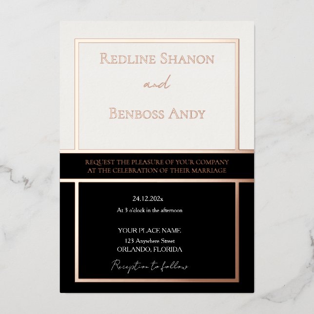 Elegant Framed Ivory & Black Design Gold Rose Folieneinladung (Vorderseite)