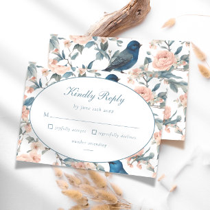Elegant French Blue Bird Floral Chinoiserie Kindly RSVP Karte