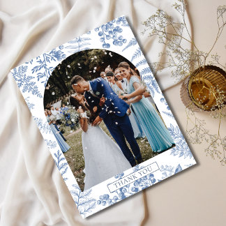 Elegant French Blue Floral Wedding Vielen Dank Postkarte