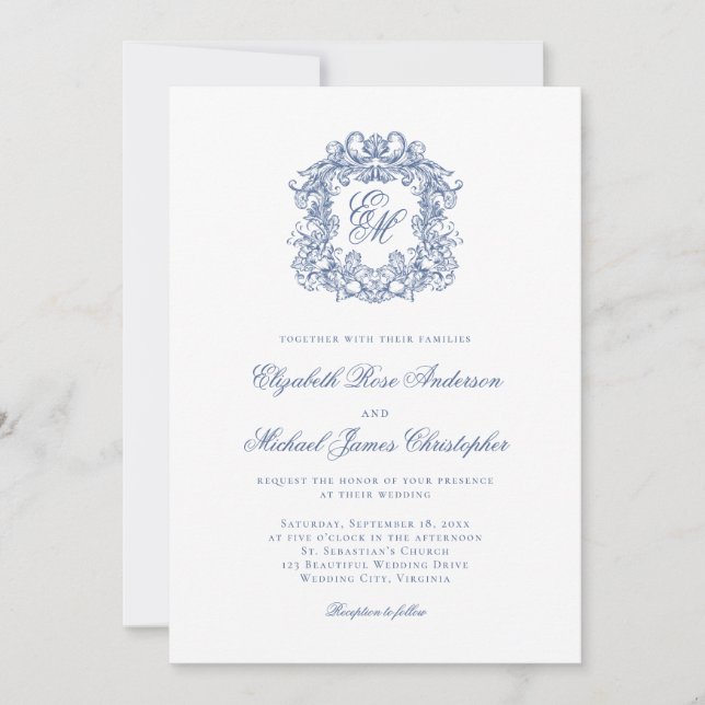 Elegant French Blue Monogram Crest Wedding Einladung (Vorderseite)