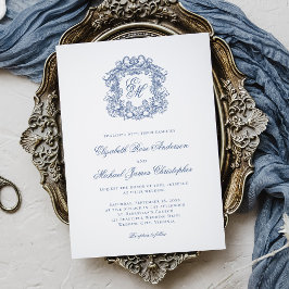 Elegant French Blue Monogram Crest Wedding Einladung