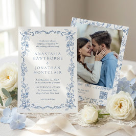 Elegant French Blue Vintage Photo QR Code Wedding Einladung