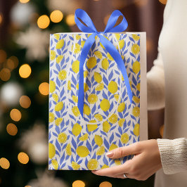 Elegant French Country Lemon Blue Botanical Mittlere Geschenktüte