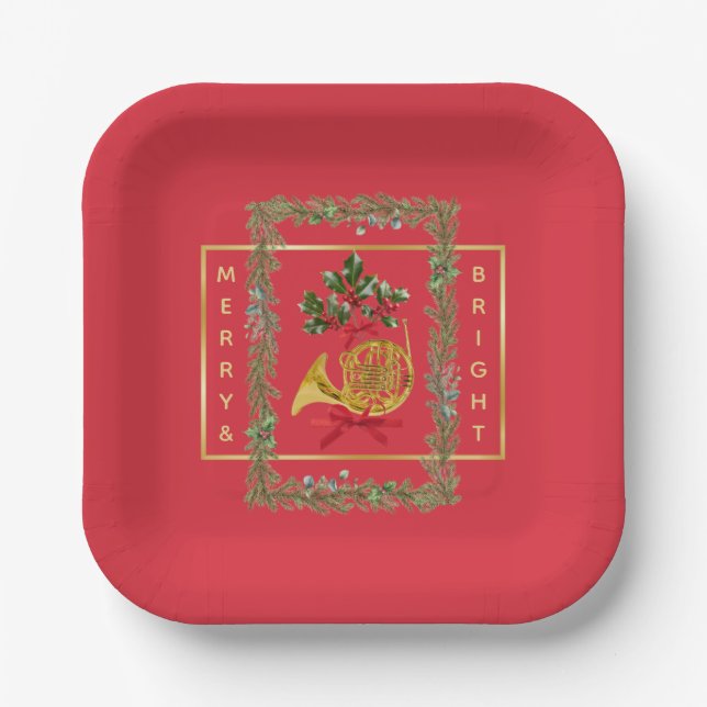 Elegant French Horn Christmas Cherry Red Pappteller (Vorderseite)