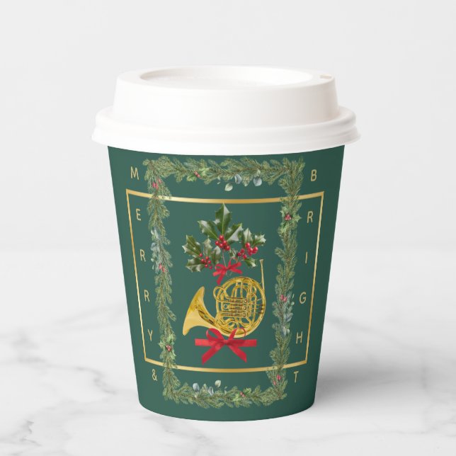 Elegant French Horn Christmas Dark Green Pappbecher (Vorderseite)