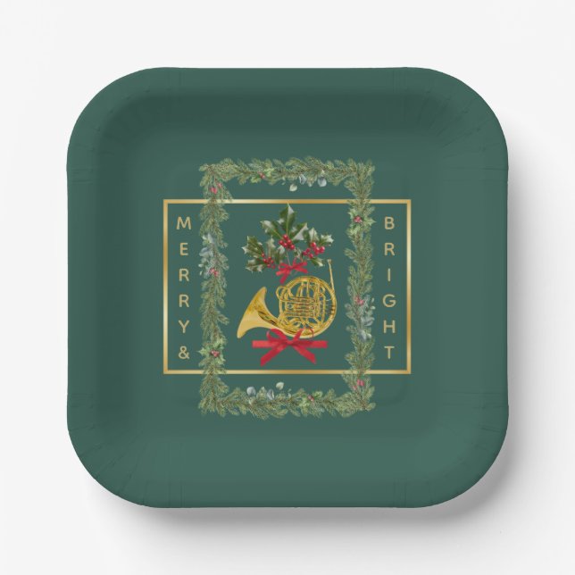 Elegant French Horn Christmas Dark Green Pappteller (Vorderseite)