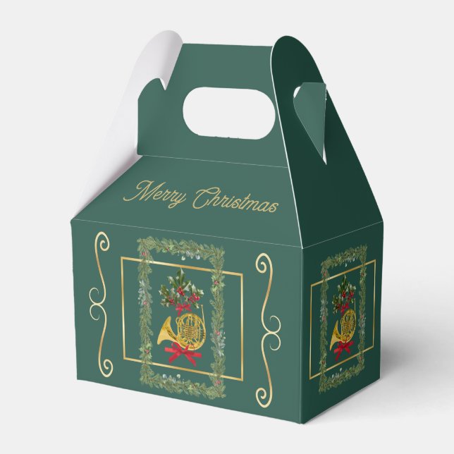 Elegant French Horn Christmas Dk Green Favor Boxes Geschenkschachtel (Vorderseite)