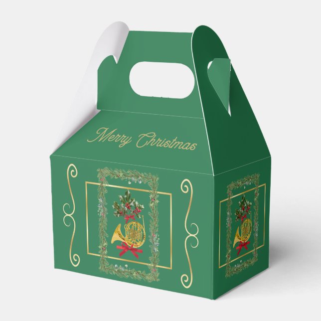 Elegant French Horn Christmas Green Favor Boxes Geschenkschachtel (Vorderseite)