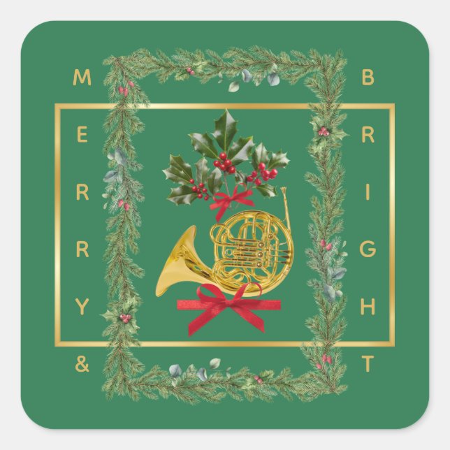 Elegant French Horn Christmas Green Quadratischer Aufkleber (Vorderseite)