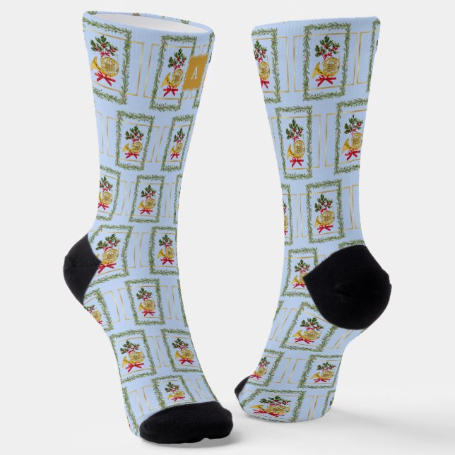 Elegant French Horn Christmas Light Blue2 Monogram Socken (Gewinkelt)