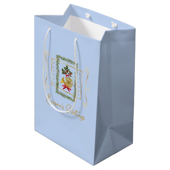 Elegant French Horn Christmas Light Blue Gift Bag Mittlere Geschenktüte (Rückseite Schrägansicht)