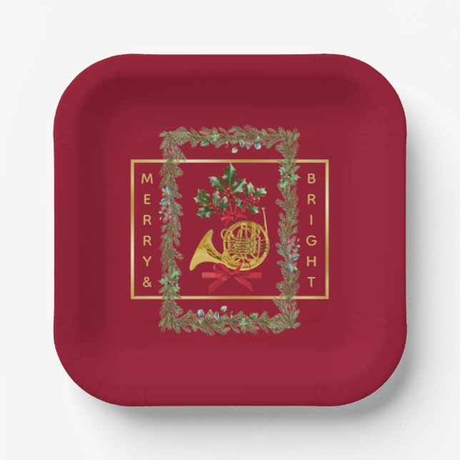 Elegant French Horn Christmas Maroon Pappteller (Vorderseite)