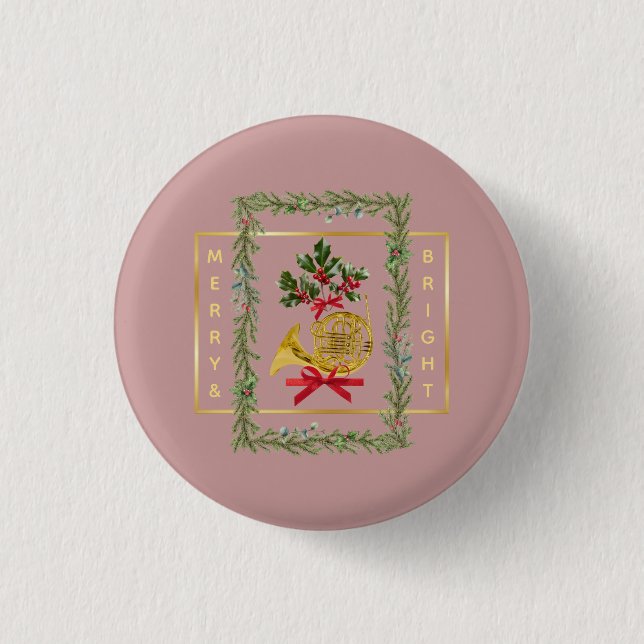 Elegant French Horn Christmas Mauve Button (Vorderseite)