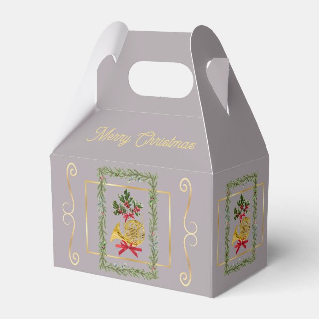 Elegant French Horn Christmas Taupe Favor Boxes Geschenkschachtel (Vorderseite)