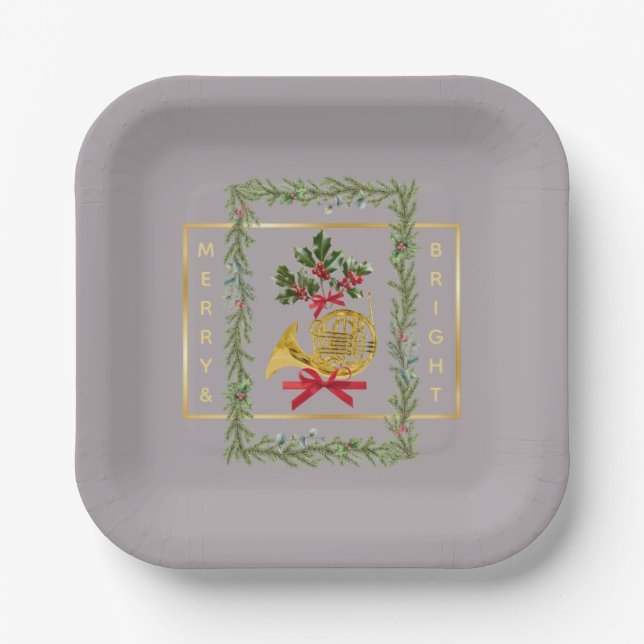 Elegant French Horn Christmas Taupe Paper Plate Pappteller (Vorderseite)