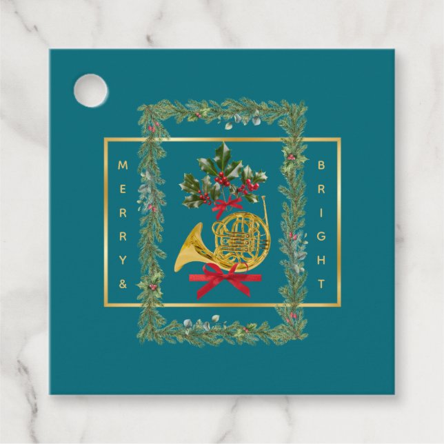 Elegant French Horn Christmas Teal Geschenkanhänger (Vorderseite)