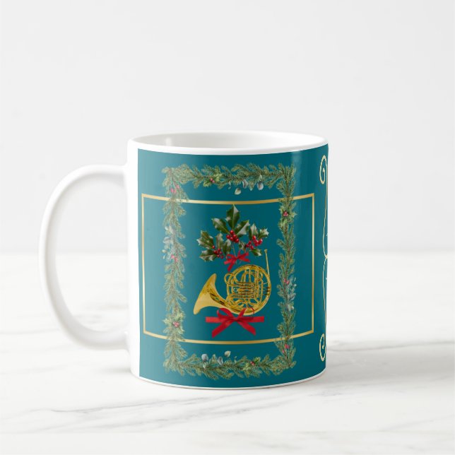 Elegant French Horn Christmas Teal Kaffeetasse (Links)