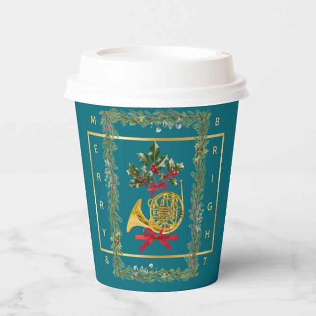 Elegant French Horn Christmas Teal Paper Cup Pappbecher (Vorderseite)