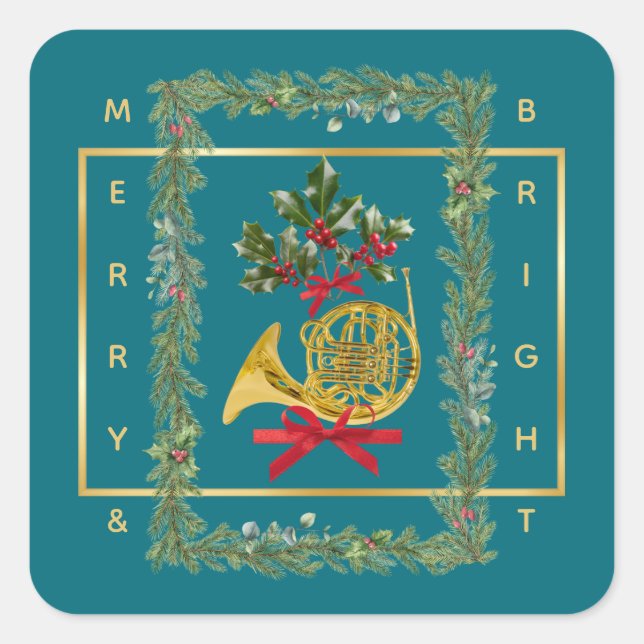 Elegant French Horn Christmas Teal Quadratischer Aufkleber (Vorderseite)