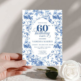 Elegant French Toile Blue Roses 60th Birthday Einladung