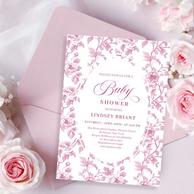 Elegant French Toile Roses Pink Baby Shower Invite Einladung (Elegant French Toile Roses Pink Baby Shower Invitation)