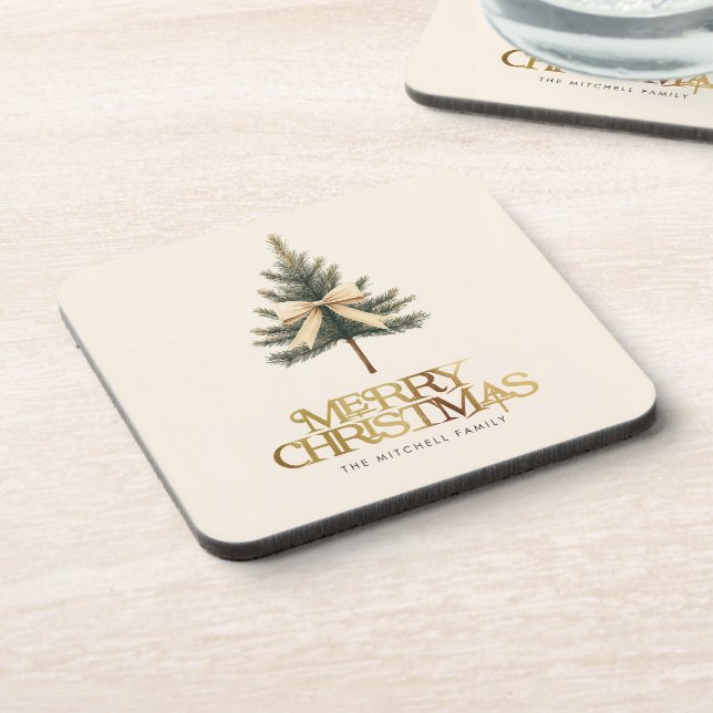 Elegant Frohe Christmas Pine Tree Bow Familie Getränkeuntersetzer (Linke Seite)