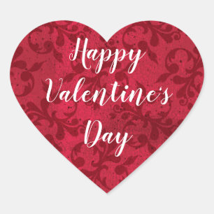 Elegant Frohe Valentinstag Vintage Roter Damast Herz-Aufkleber