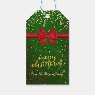 Elegant frohe Weihnachten, Gold Confetti, Red Bow Geschenkanhänger