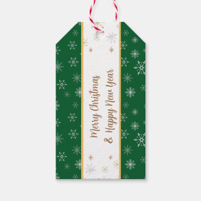 Elegant Frohe Weihnachten Schneeflocken auf Grün Geschenkanhänger (Vorderseite)