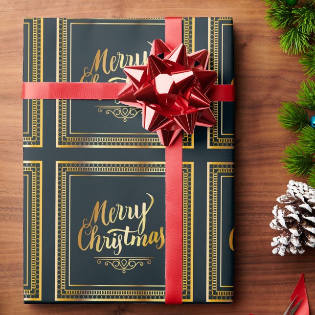 Elegant Frohe Weihnachten Schwarz & Gold Geschenk Geschenkpapier (Von Creator hochgeladen)