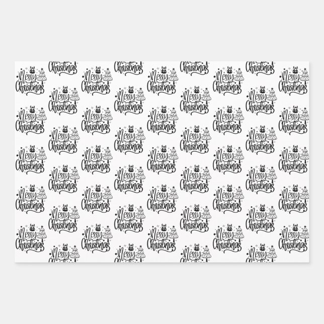 Elegant Frohe Weihnachten Schwarz-weißes Geschenk Geschenkpapier Set (Vorderseite)