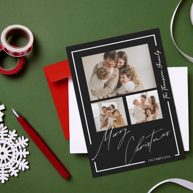 Elegant Frohe Weihnachten Schwarz-weißes Multi-Fot (Elegant Merry Christmas Black White Multi Photo Holiday Card)