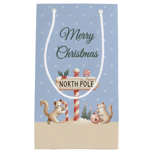 Elegant frohe Weihnachten spielende Kätzchen, Name Kleine Geschenktüte (Vorderseite)