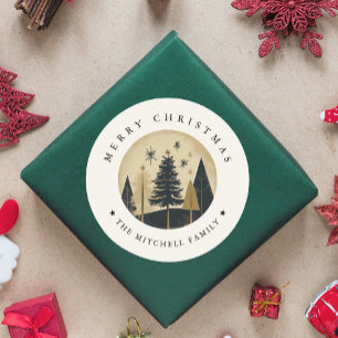 Elegant Frohe Weihnachten Warme Gold Pine Forest Runder Aufkleber
