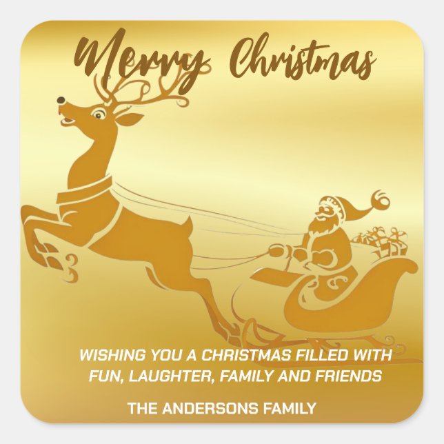 Elegant Frohe Weihnachts Gold Santa Sled Weihnacht Quadratischer Aufkleber (Vorderseite)